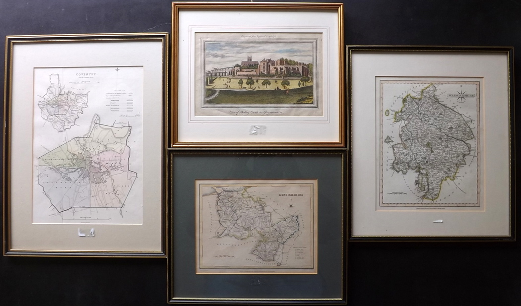 Framed British Maps/Print 1769-C1840 Group of 4. Denbigshire, Gloucestershire, Warwickshire,