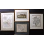 Framed British Maps/Print 1769-C1840 Group of 4. Denbigshire, Gloucestershire, Warwickshire,