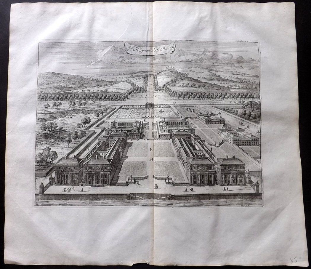 London - Stow, John 1720 Large Architectural Print of Greenwich Hospital. Copper Plate Published