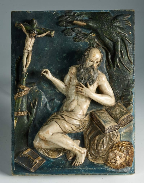 Tabla de alabastro policromado de “San Jerónimo” Trabajo español. S.XVI.  Medidas: 40 x 30 cm