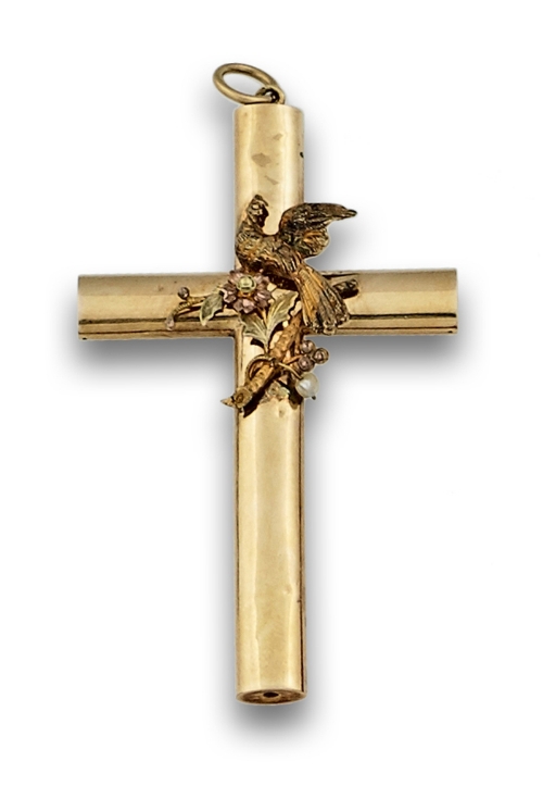 Cruz colgante s XIX con centro de ave y ramas, y brazos de oro liso. En oro de 18K Medidas: 7,5 x