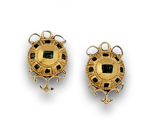 Pendientes botón esmeraldas s.XVIII en oro de 18K. Medidas:1,2x 2 cms.