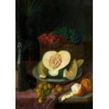 JOSÉ FELIPE PARRA (Valencia, 1824 - ?) Bodegón de melón, fresas, naranjas y botellas de champagne.