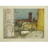 JUAN ALCALDE (Madrid, 1918) “Plaza de Trujillo”, 1981 Mixta sobre papel. 24 x 33,5 cms. Firmado y