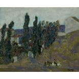 AGUSTÍN REDONDELA (Madrid, 1922 - 2015) “Vista de pueblo con arriero”, 1980 Óleo sobre lienzo. 38