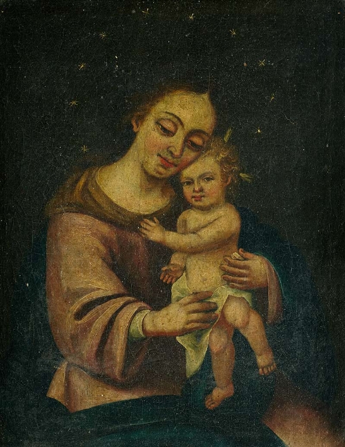 ESCUELA ESPAÑOLA, SIGLO XIX Virgen con el Niño. Óleo sobre lienzo. 44 x 34,5 cms.