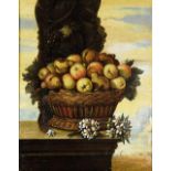 ESCUELA ITALIANA, SIGLO XVII Cesta de manzanas encima de un pedestal Óleo sobre lienzo. 72 x 57