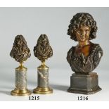 Dos bustos de Descartes en bronce patinado, sobre pena de mármol Trabajo francés, S. XIX Medidas: 22