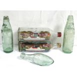 1. Three green tinted glass bottles & two ship-in-bottles titled: “Queen Mary”, part w.a.f.