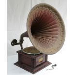 18. A mid-20th century “Lyric” wind-up gramophone in mahogany case & with 20¼” diam. fluted tin