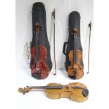 26. Three violins (various sizes), two with case.