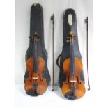 25. Two violins, each with case.