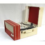 21. An Alba “Monarch” portable record player in cream & red fibre-covered case.