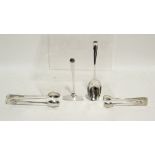 Two small pairs of sugar tongs, Sheffield 1926 & 1932; an infant’s food-pusher, Birmingham 1927; & a