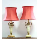 A pair of pale green onyx & gilt-metal slender vase-shaped table lamps on square bases; 13¼” high,