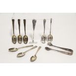 A set of six coffee spoons, London 1936; a pair of engraved sugar tongs; an infant’s food-