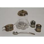 A late Victorian glass preserve jar with silver cover & spoon, 4¾” high; London 1897, by Heath &