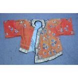 A Chinese silk house coat of bronzed & cream ground & with multi-coloured floral embroidered design;