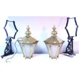 A pair of brass lanterns of six-sided tapered form & inset Perspex panels, 11½" wide x 20½" high,