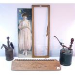 A German treen twenty-division cigar mould, 22" x 4¼"; together with two spray-pump canisters; & a