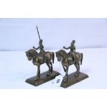A pair of 19th century Indian cast brass equestrian figures of lancers, on rectangular bases;