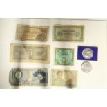 A 1973 Skylab 1 Crew commemorative medal; a 1953 commemorative crown; & various foreign banknotes.