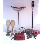 Two aluminium shooting sticks; two advertising tins; various books; and sundry other items.