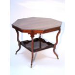 A late Victorian rosewood & marquetry octagonal centre table with galleried undertier, & on shaped