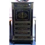 A 19th century French ebonised & boulle inlaid narrow escritoire with fall front & white marble top;