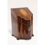 A late 18th century mahogany knife box, the sloping hinged lid with marquetry seashell, with