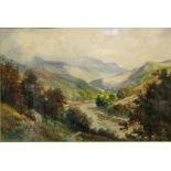 140. TREVOR, G. An extensive mountainous landscape looking down a river valley. Signed; watercolour: