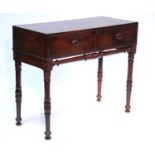 An early Victorian mahogany centre table fitted two drawers with turned knob handles to one side,