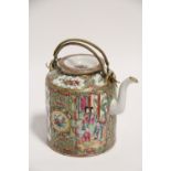 A Cantonese cylindrical teapot painted with figures, birds, & flowers in rose-verte enamels; 5½"