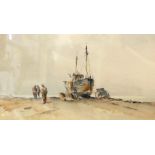 144. LEKE, Francis S. A coastal scene with figures beside a beached trawler. Signed; watercolour: