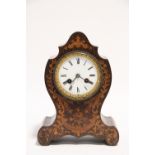 A late 19th century French mantel clock with 3" diam. white enamel dials, eight-day silk