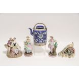 A Meissen romantic costume figure group; another pair of male & female costume figures; an English
