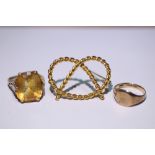 A 9ct gold knot-design brooch; a 9ct gold signet ring (8g total); & a 9ct gold ring set citrine.