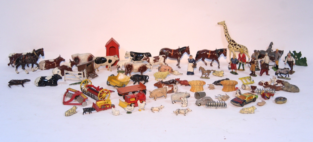 Various painted lead farm animal & farm vehicle models, etc., all unboxed.