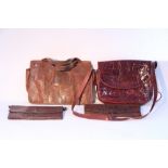 Two crocodile skin handbags; two snakeskin handbags; & three leather handbags.