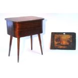 A mid-20th century Morco mahogany needlework table with hinged lift-lid & on round tapered legs,