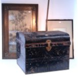 A japanned-metal small domed-top travelling trunk, 17½" wide; together with three prints; various