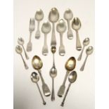 A George III silver fiddle pattern soup spoon, London 1805; two pairs of George III silver fiddle