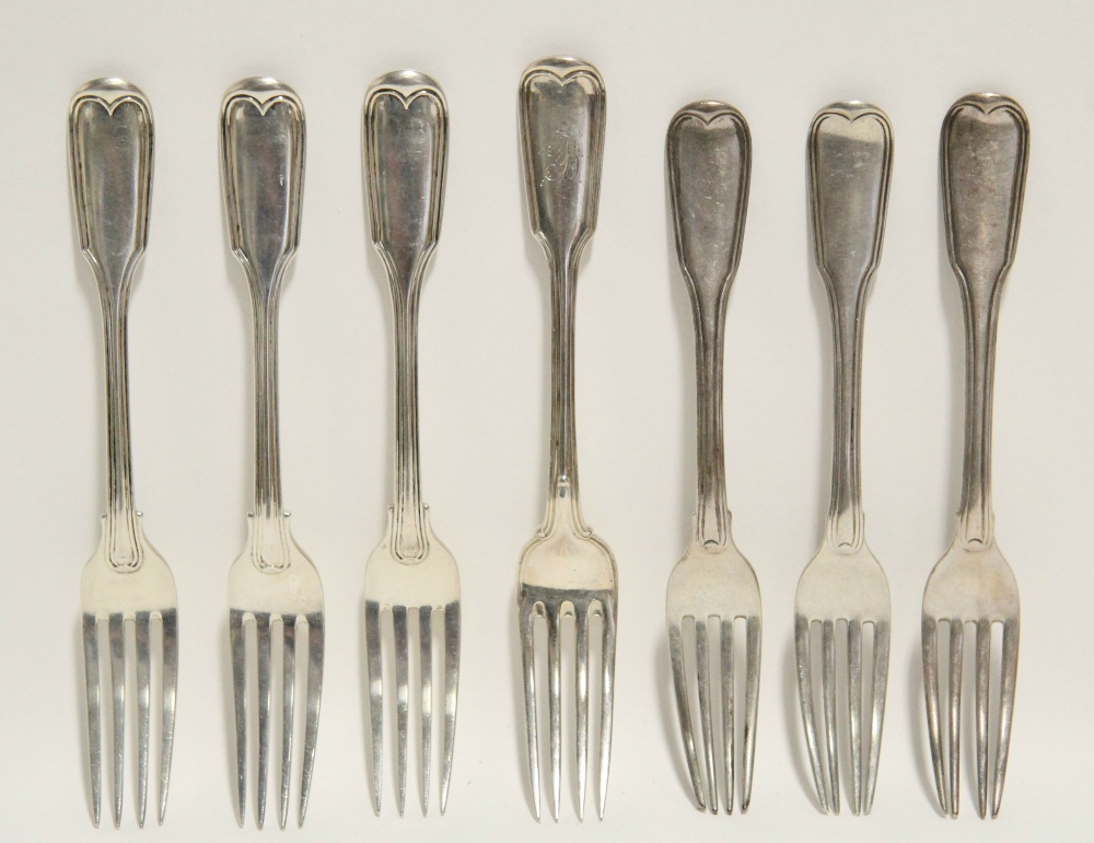 Three George III Fiddle & Thread pattern dessert forks, London 1808 by Eley, Fearn, & Chawner; three