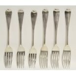 Six George III & Victorian Old English table forks; three London 1819 by Francis Higgins (2), &