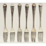 Six George III Old English table forks; London 1794, four by W. S., two by Stephen Adams. (11 oz)