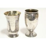 Two Victorian Dog Show trophies, one of flared beaker form with embossed bead design, 5¼" high,