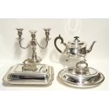 A rectangular entrée dish; an oval ditto; an oval teapot; & a modern dwarf candelabra.