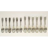 Six Victorian Fiddle pattern teaspoons, Exeter 1859 by James & Josiah Williams of Bristol; & six