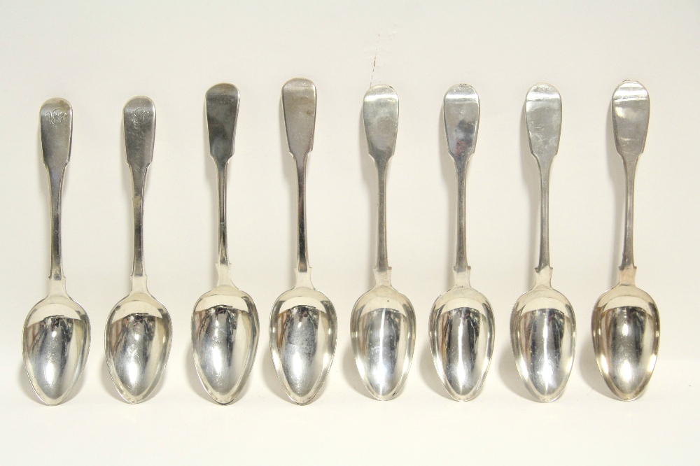Four George IV Fiddle pattern table spoons, London 1828 by Wm. Eaton; a pair of Geo. III ditto, 1808