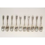 Six Victorian Fiddle pattern dessert spoons, Exeter 1842, by Robert Williams of Bristol; another